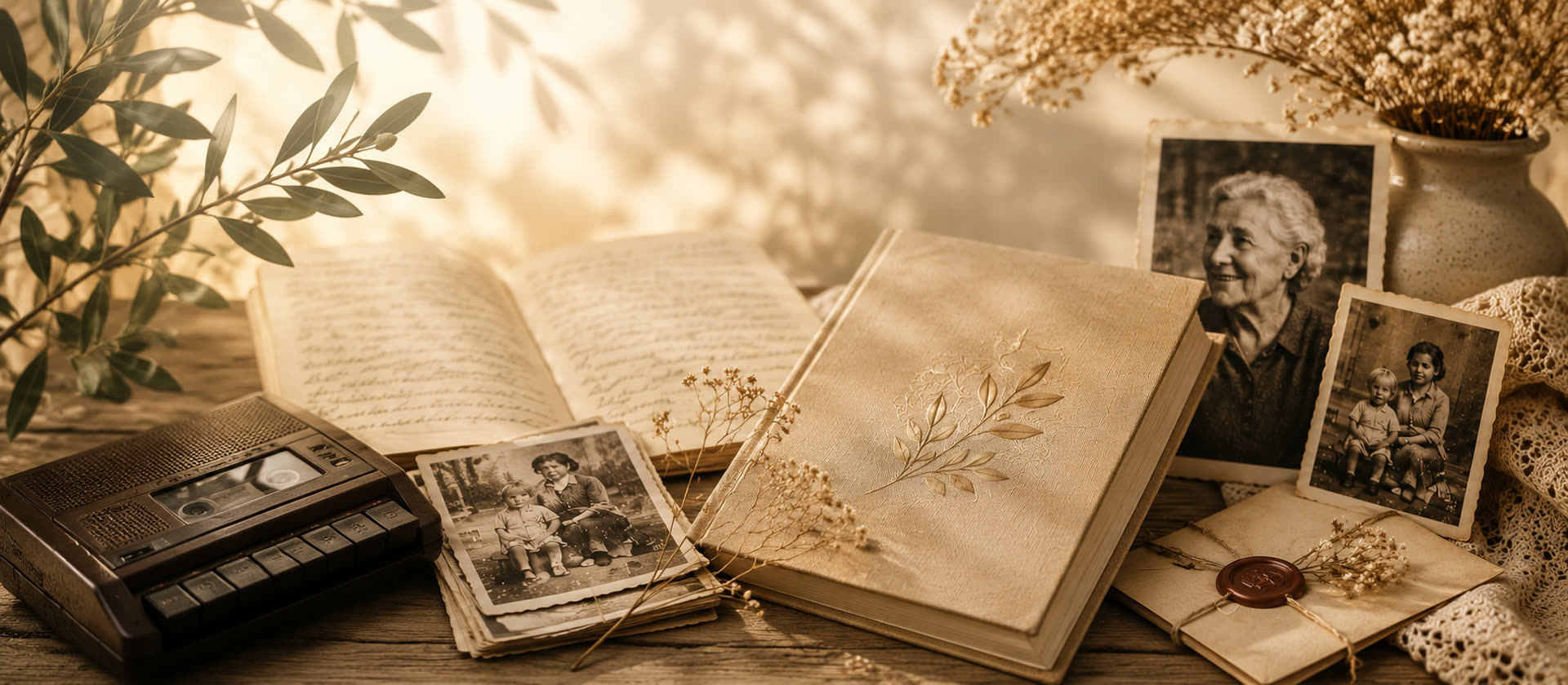 Un livre relié, des photographies anciennes, un carnet manuscrit et un magnétophone posés sur une table en bois